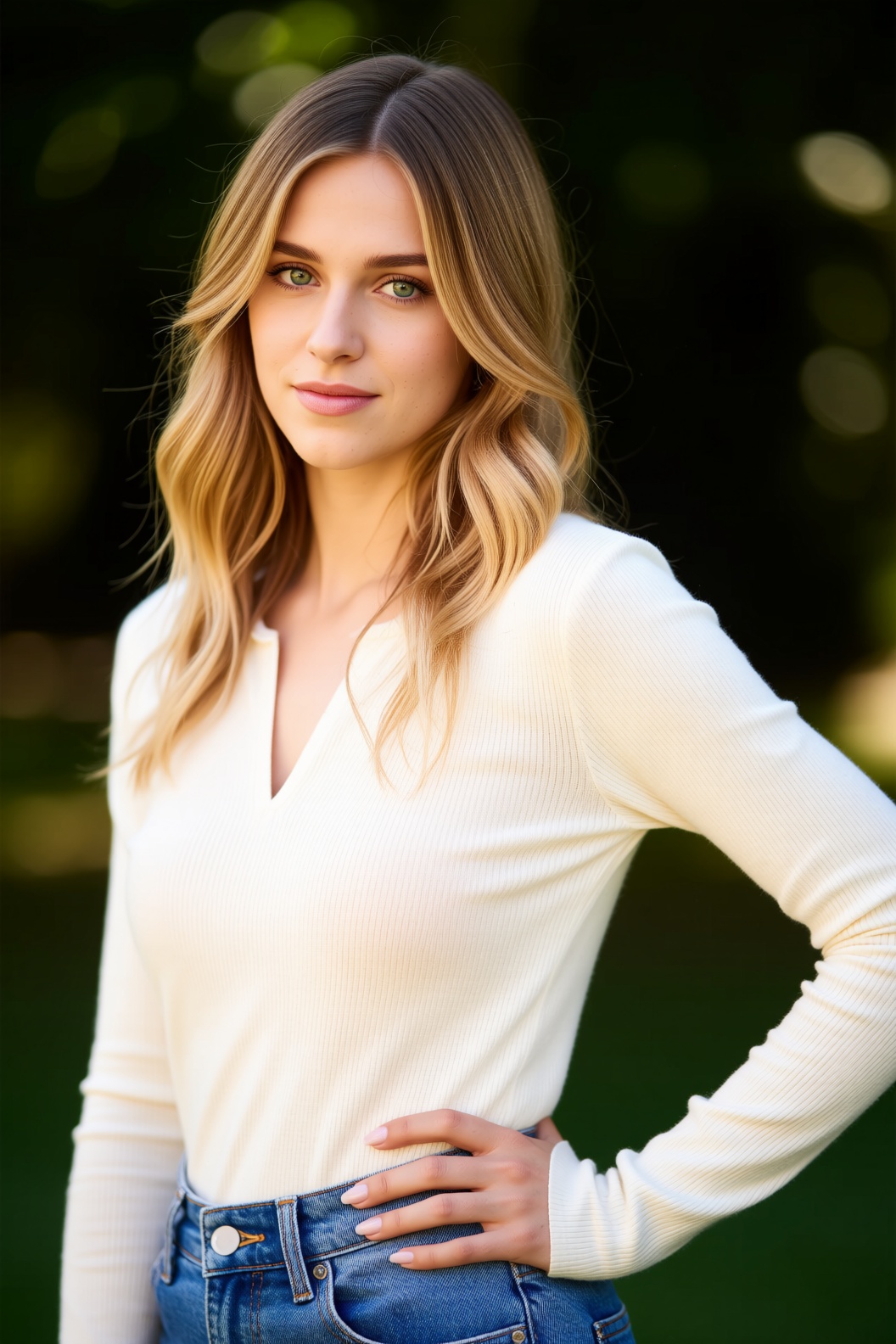 A high-resolution award-winning photograph of a woman. The image depicts a woman with long,  slightly wavy blonde hair. Sh...