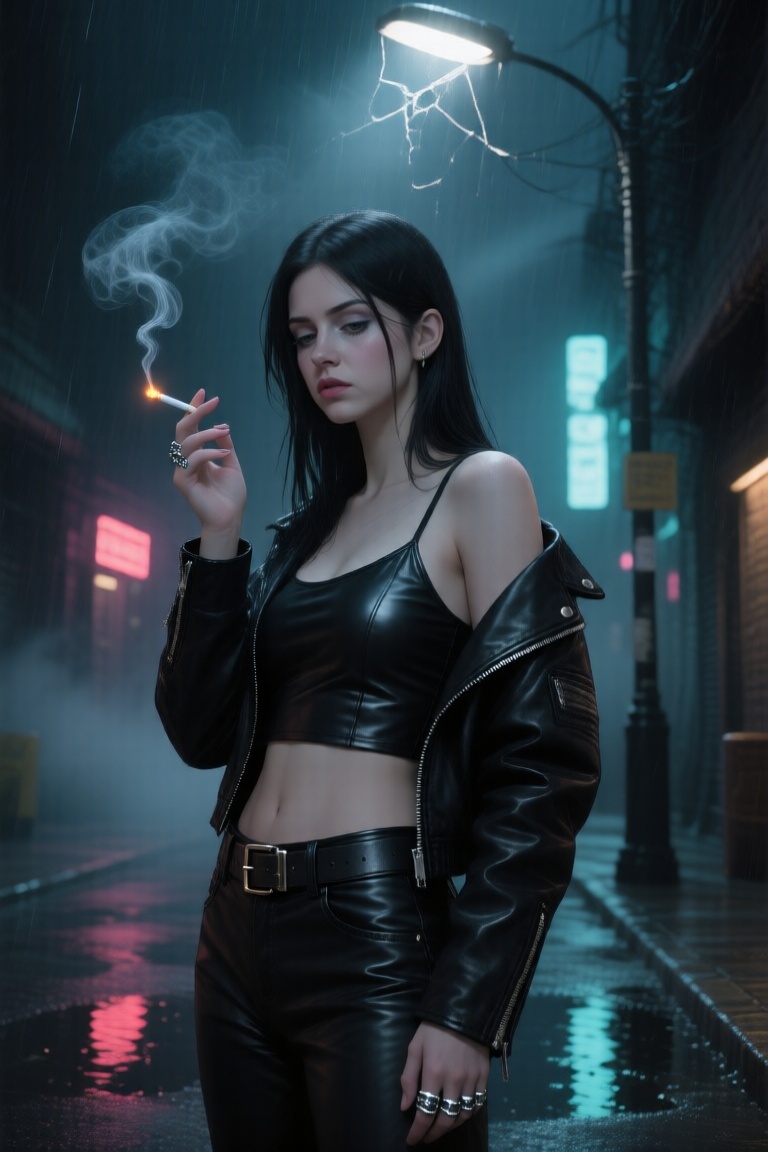 A solo,  1girl with a calm presence and a detached aura,  her jet black hair cascading down her back with loose strands fa...