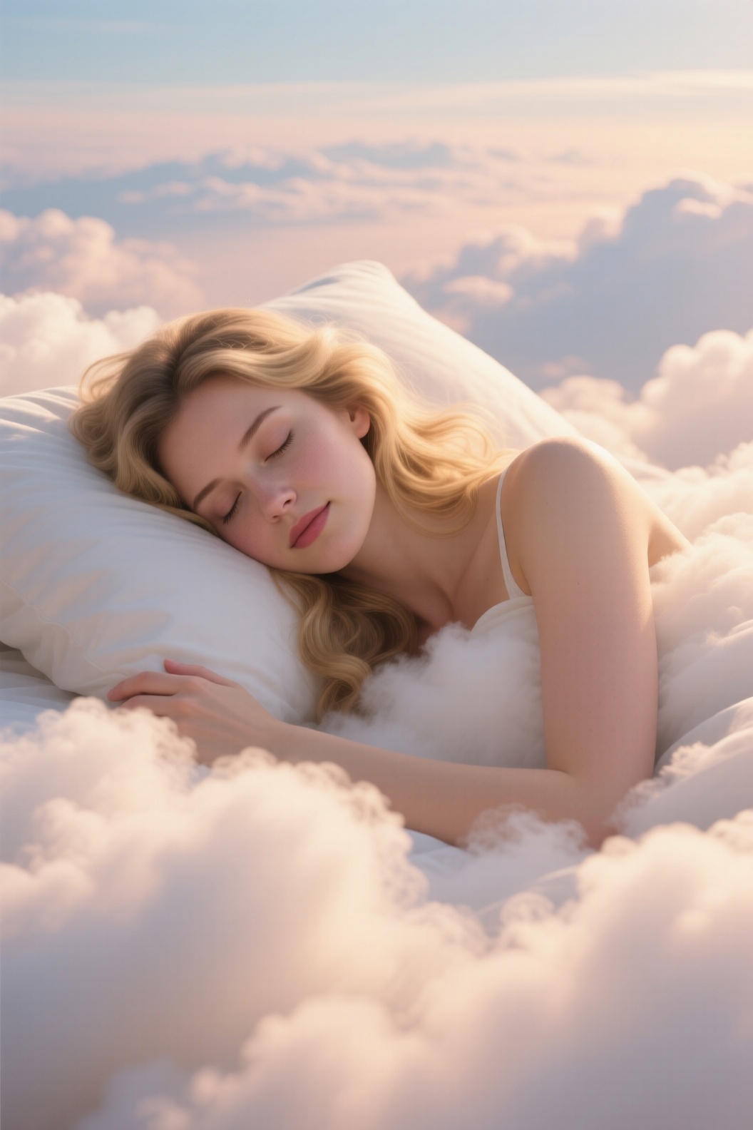 A high-resolution,  award-winning realistic illustration of a a woman resting inside a soft,  luminous cloud. The image de...
