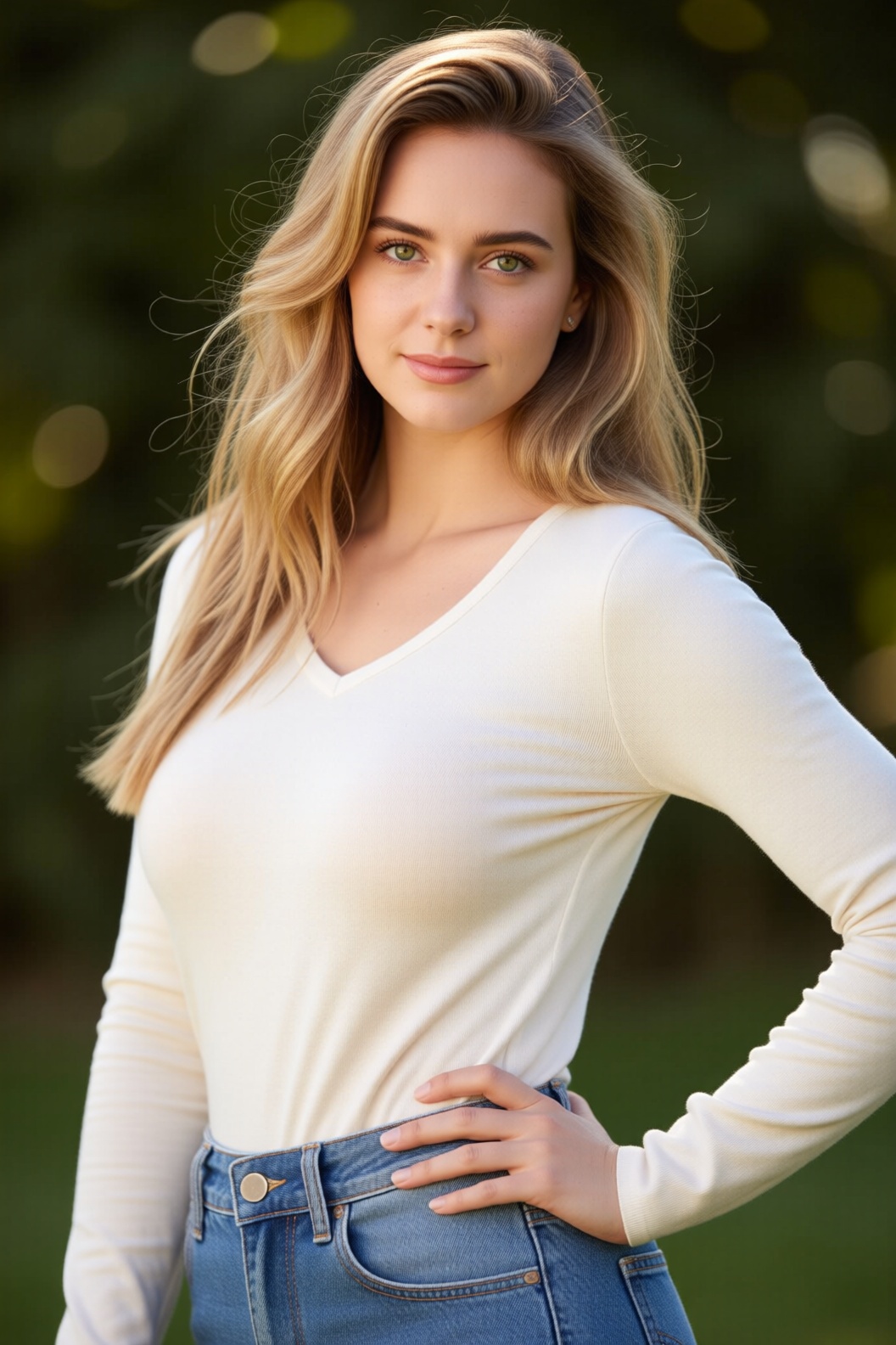 A high-resolution award-winning photograph of a woman. The image depicts a woman with long,  slightly wavy blonde hair. Sh...