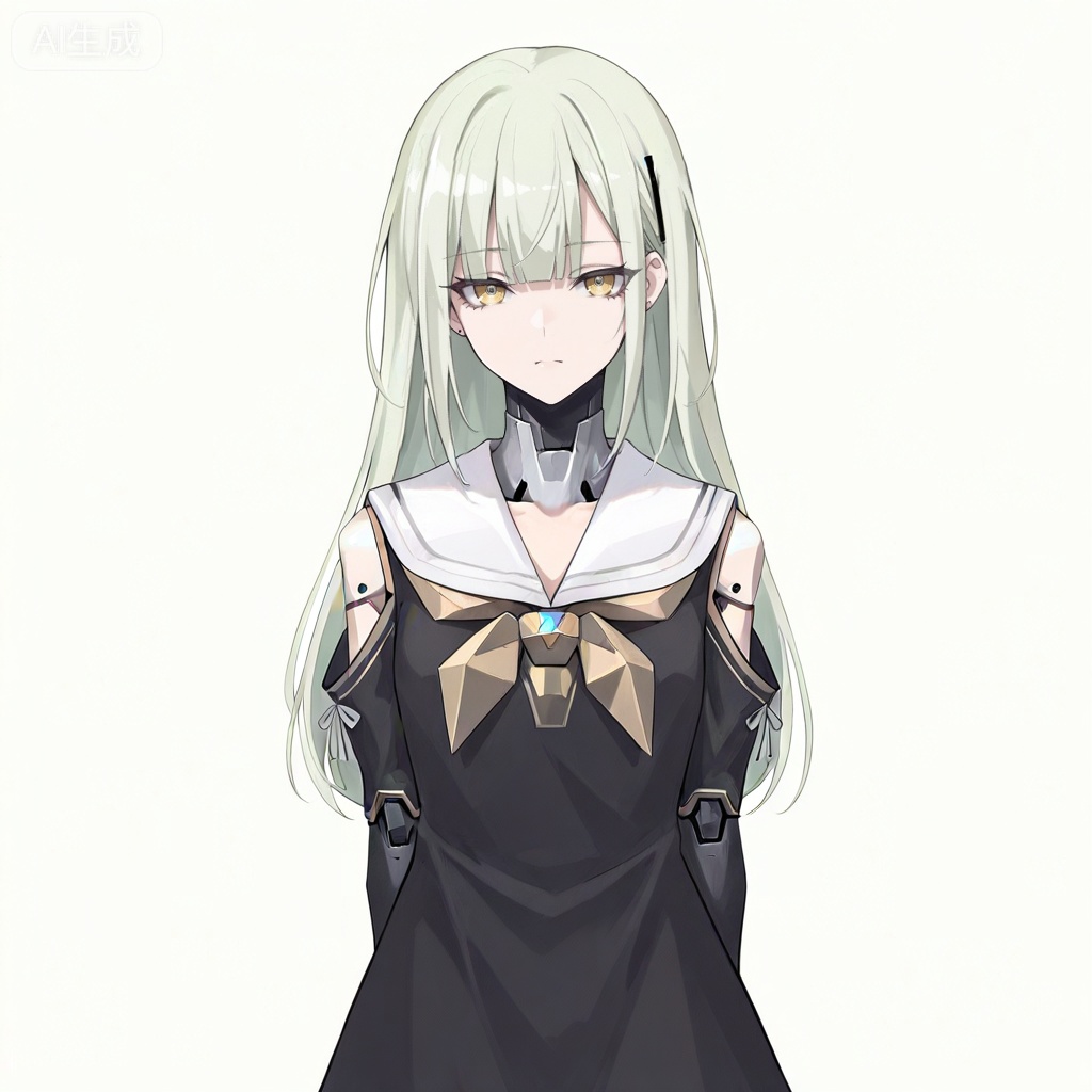 masterpiece, best quality,solo,white background,simple_background,Wakaba Mutsumi,cybersaki_style,long hair,green hair,bangs,blunt bangs,yellow eyes,hair ornament,hairclip,blonde hair,doll joints,jewelry,black dress,white sailor collar,robot joints,