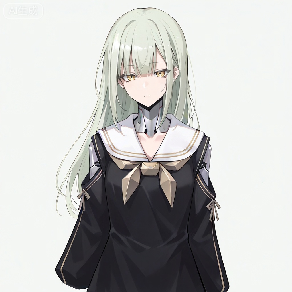 masterpiece, best quality,solo,white background,simple_background,Wakaba Mutsumi,cybersaki_style,long hair,green hair,bangs,blunt bangs,yellow eyes,hair ornament,hairclip,blonde hair,doll joints,jewelry,black dress,white sailor collar,robot joints,