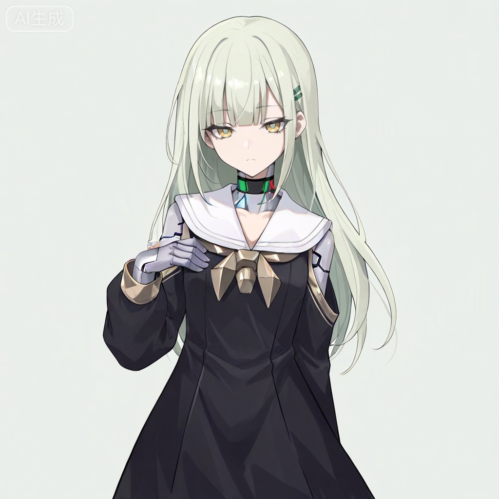 masterpiece, best quality,solo,white background,simple_background,Wakaba Mutsumi,cybersaki_style,long hair,green hair,bangs,blunt bangs,yellow eyes,hair ornament,hairclip,blonde hair,doll joints,jewelry,black dress,white sailor collar,robot joints,