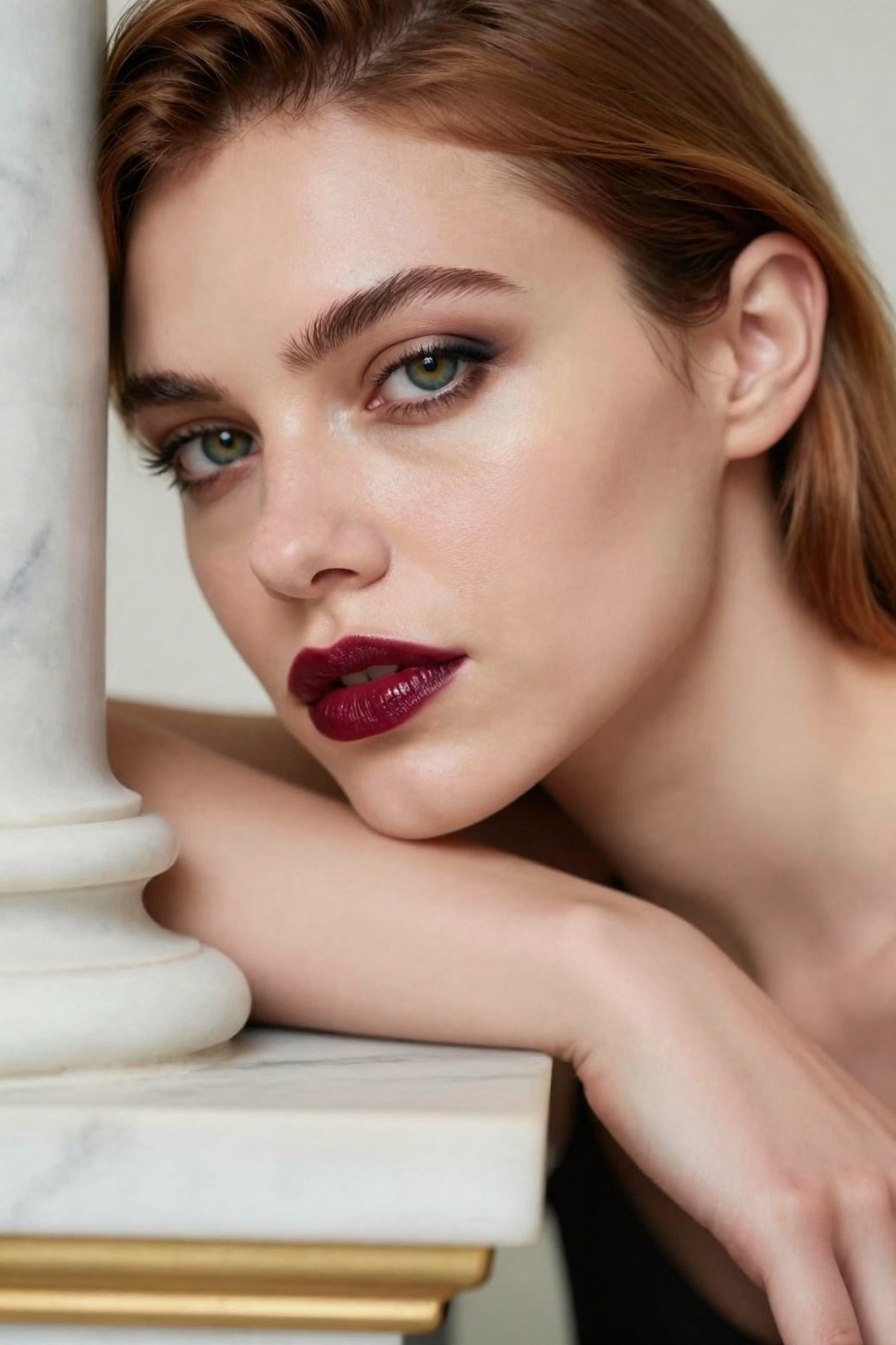 Extrem Close-Up,  High-key studio photography,  photorealistic portrait of a woman casually leaning with her shoulder and...