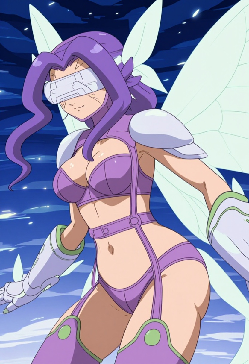 An exquisitely beautiful zzKazemon descends gently from a starry aurora-filled sky,  her long vibrant purple hair flowing...