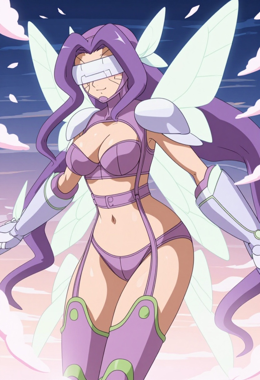 A breathtakingly elegant zzKazemon hovers gracefully in a soft twilight sky filled with drifting cherry blossoms,  her lon...