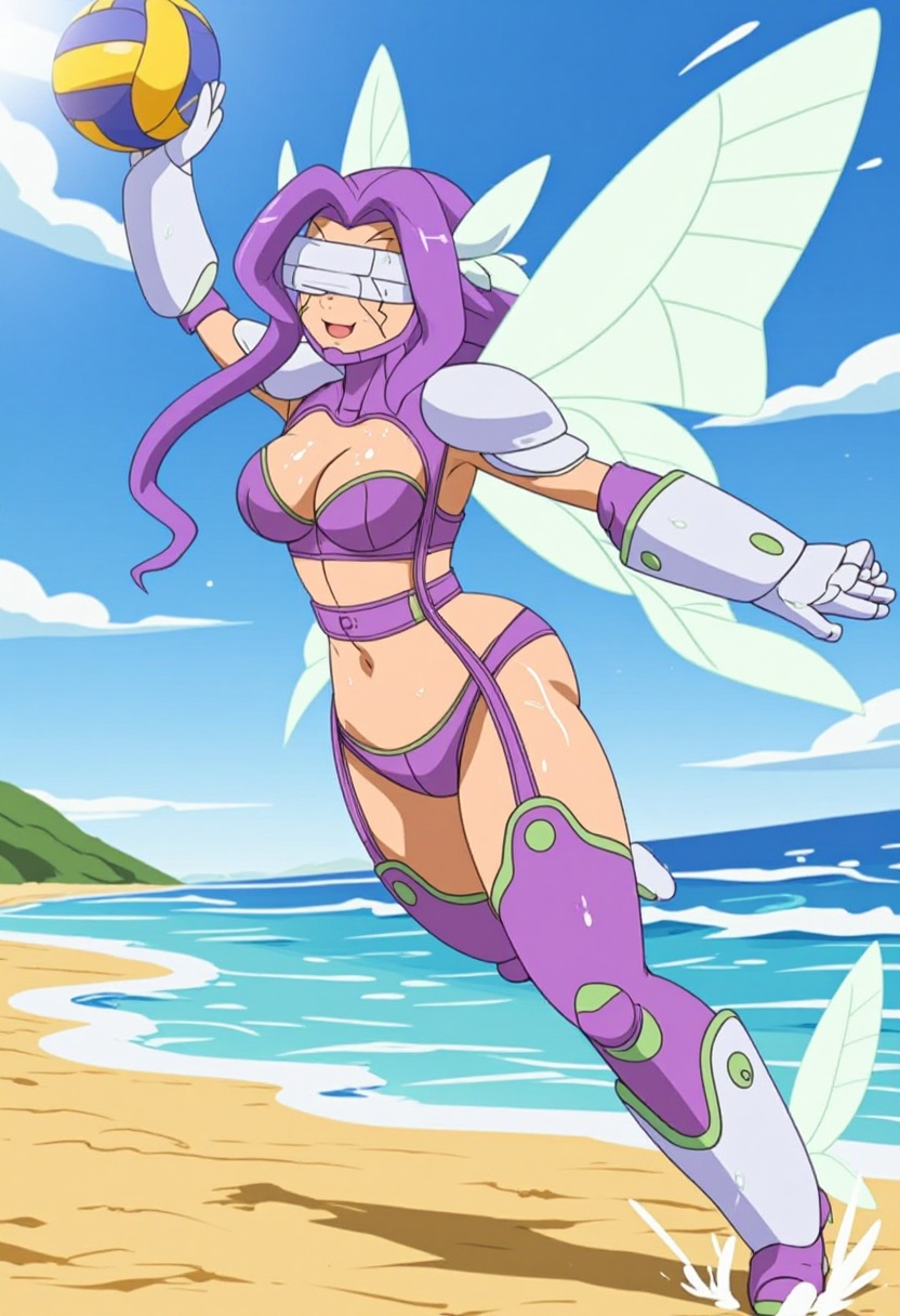On a sun-drenched tropical beach with golden sand and crashing azure waves,  the breathtaking zzKazemon leaps gracefully m...