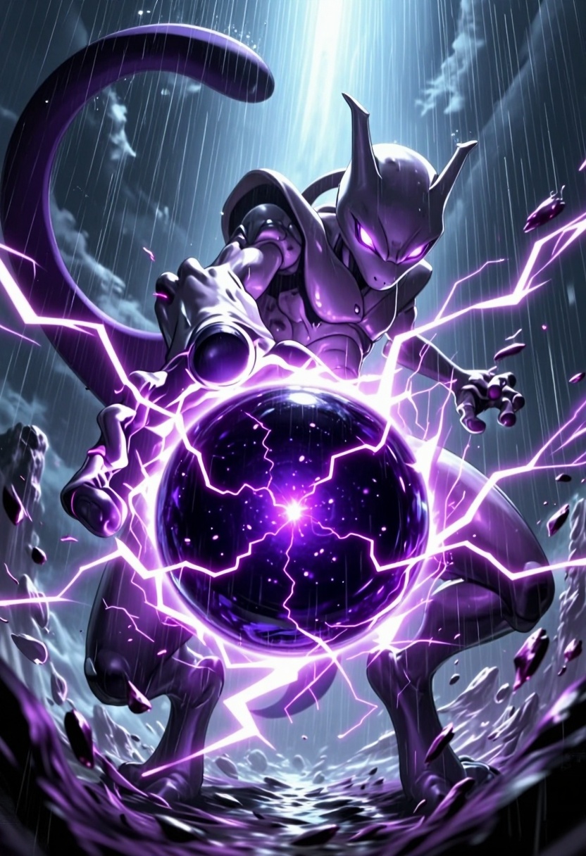 zzMewtwo,  Intense dynamic foreshortening from below,  Mewtwo charging an enormous Shadow Ball between its palms thrust to...