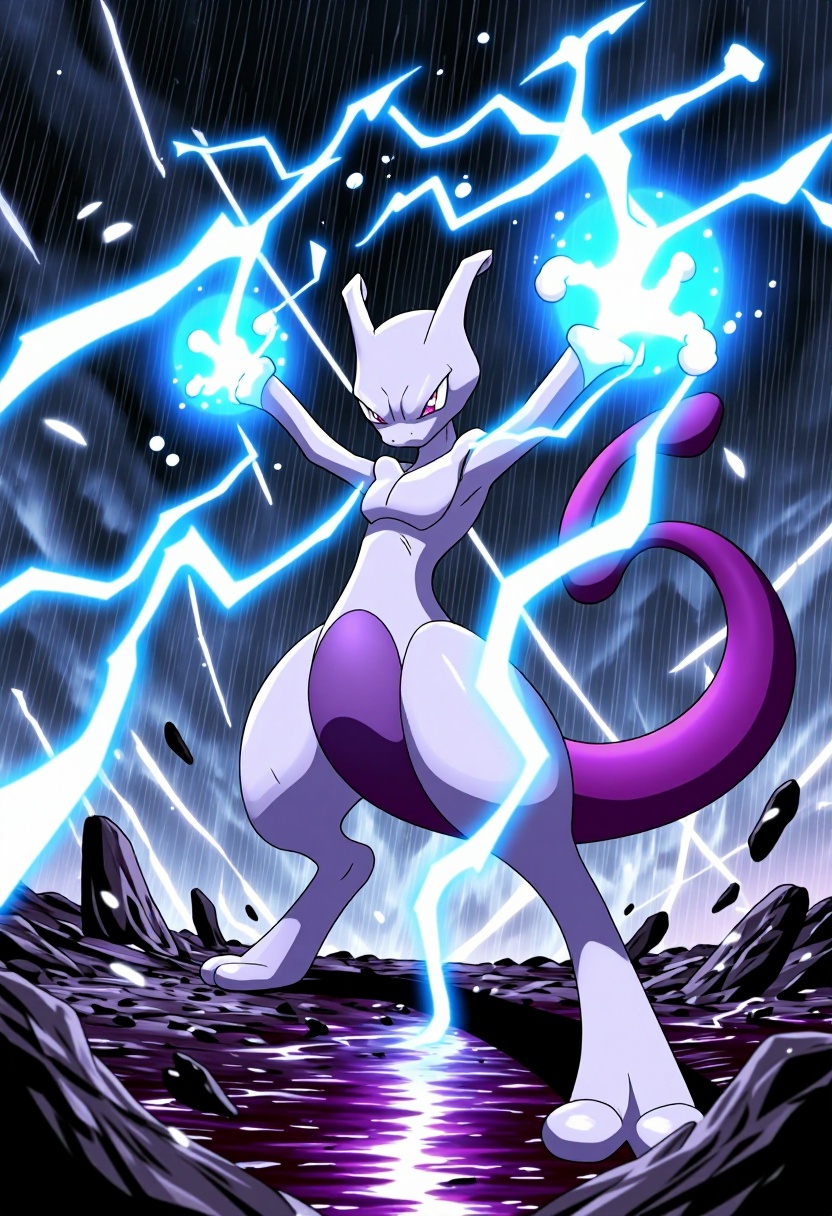 A powerful legendary Pokémon zzMewtwo standing powerfully in the center during an intense thunderstorm,  full-body dynamic...