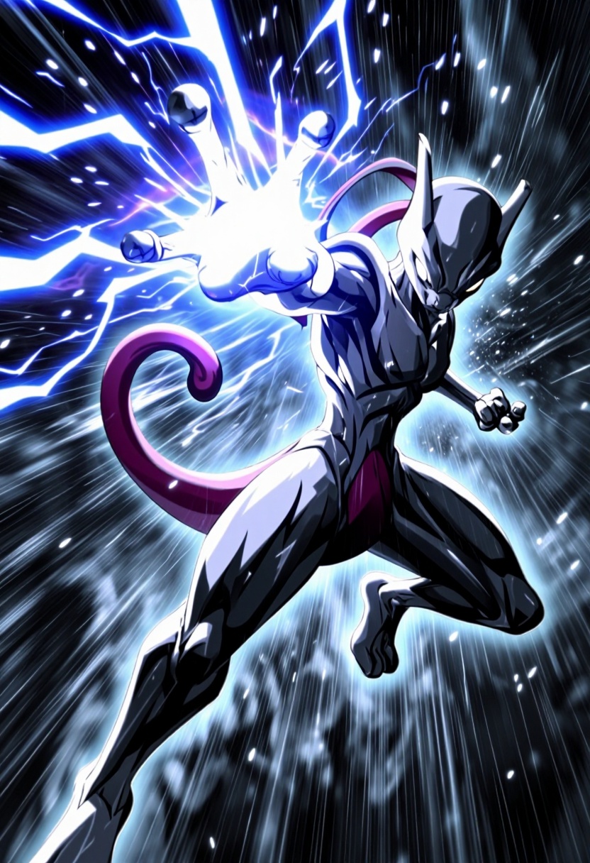 zzMewtwo,  Dramatic diagonal foreshortening action pose,  Mewtwo streaking forward through the storm at blinding speed on...