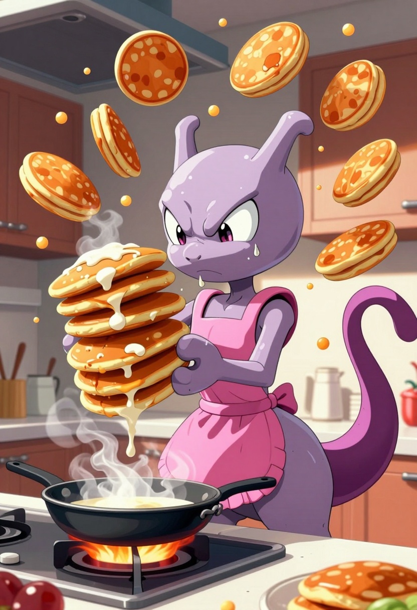 zzMewtwo,  Mewtwo in a cozy modern kitchen wearing a frilly pink apron,  comically struggling to flip a massive stack of p...