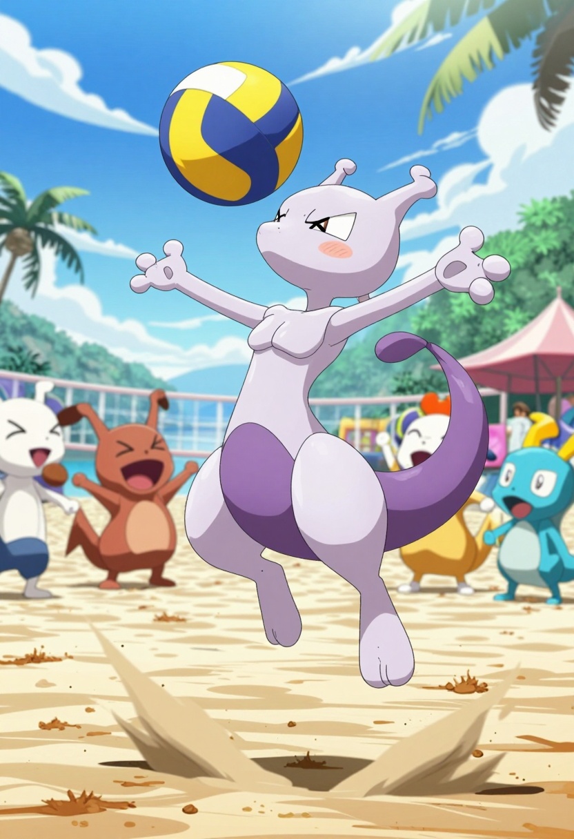 zzMewtwo,  At a sunny Pokémon beach party,  Mewtwo awkwardly trying to join a volleyball game on Tensor.Art