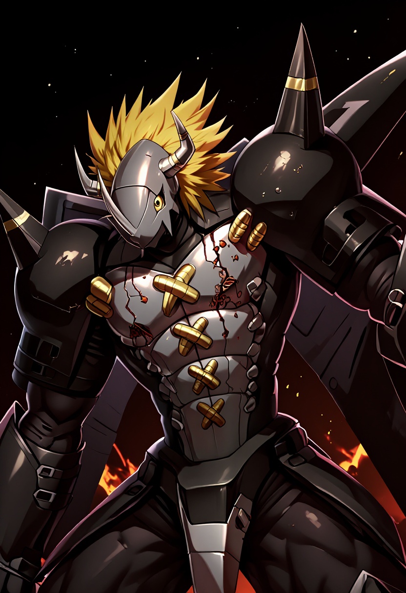 In a haunting moment of post-battle solitude,  a colossal horned digital monster in heavy black armor looms silently again...