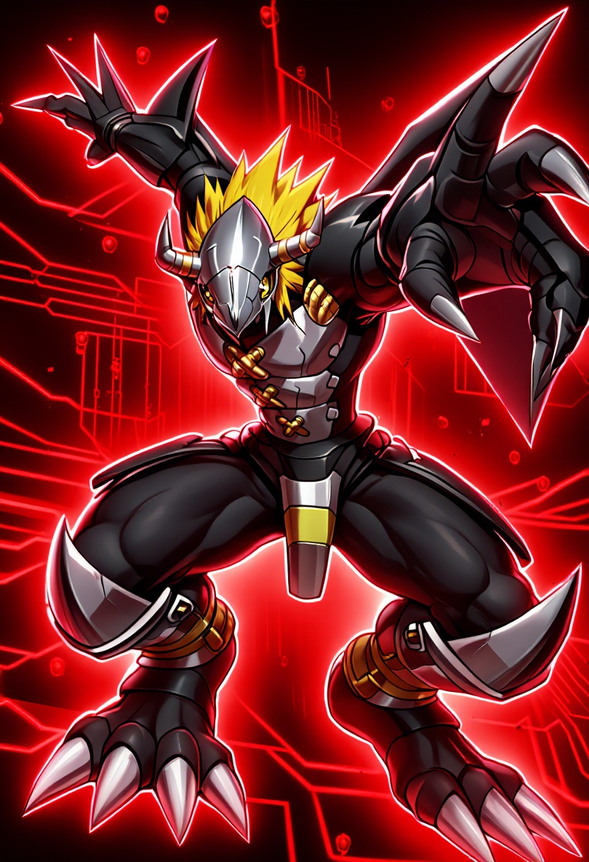 A menacing anthropomorphic black dragon Digimon,  BlackWarGreymon,  strikes a dynamic crouching combat stance with his mas...