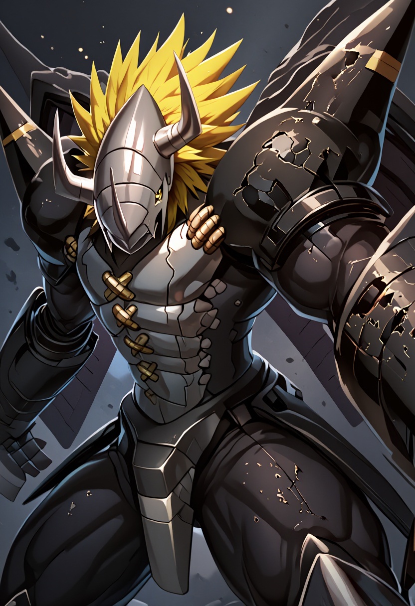 A battle-worn anthropomorphic black dragon Digimon,  BlackWarGreymon,  captured in a dramatic close-up three-quarter view...