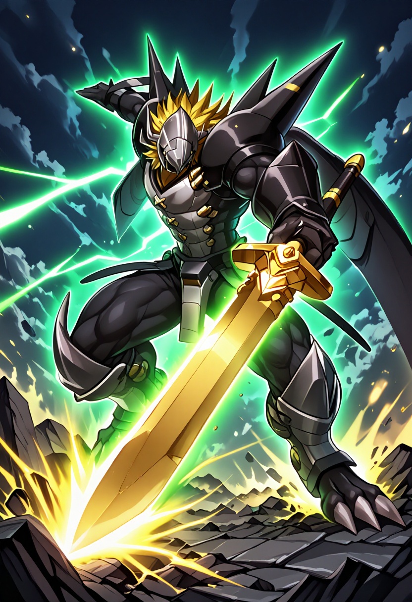 In an explosive moment of battle climax,  a towering armored digital zzBlckWrgrymn with expansive dark wings and ferocious...
