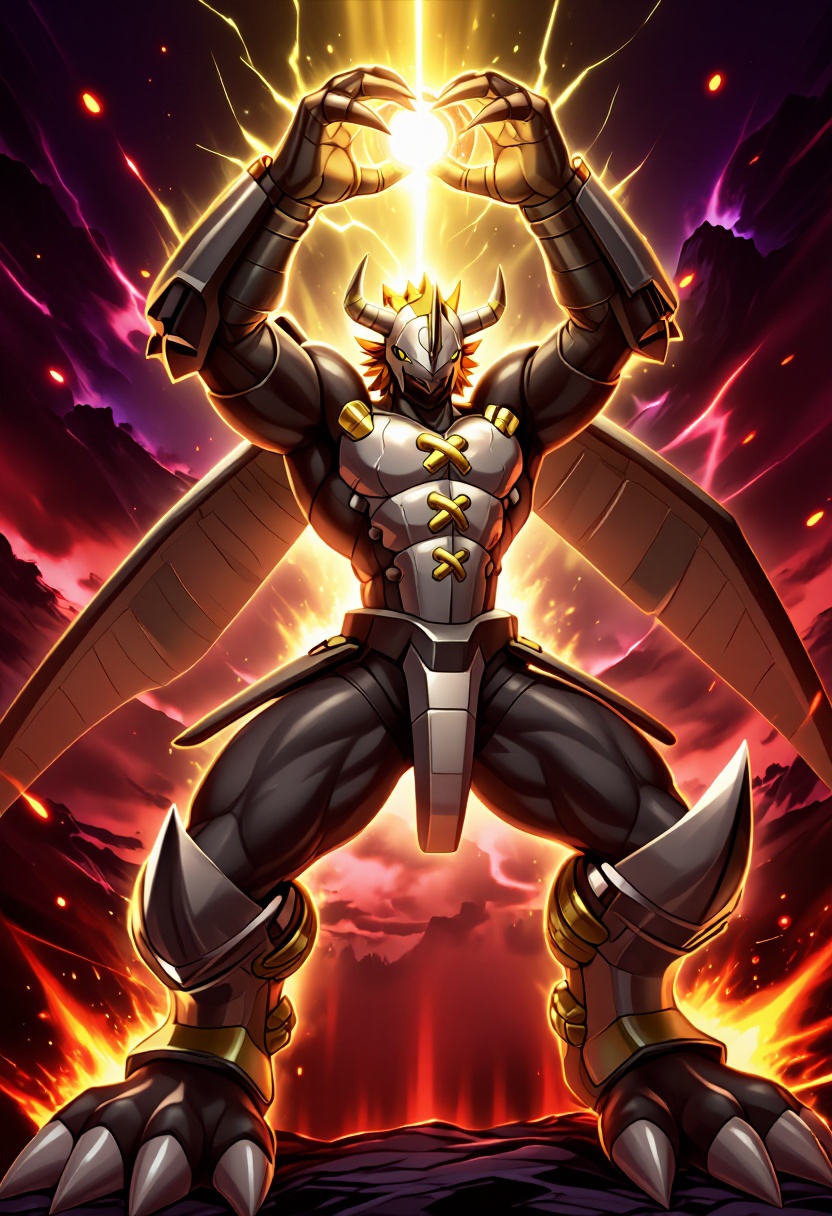 An imposing armored zzBlckWrgrymn warrior with metallic grey plating,  sharp golden horns,  and glowing yellow eyes stands...