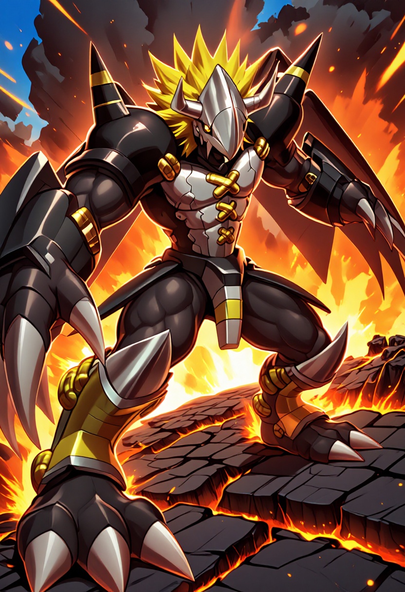 A mighty anthropomorphic black dragon Digimon,  BlackWarGreymon,  stands tall and dominant on cracked volcanic rock amidst...