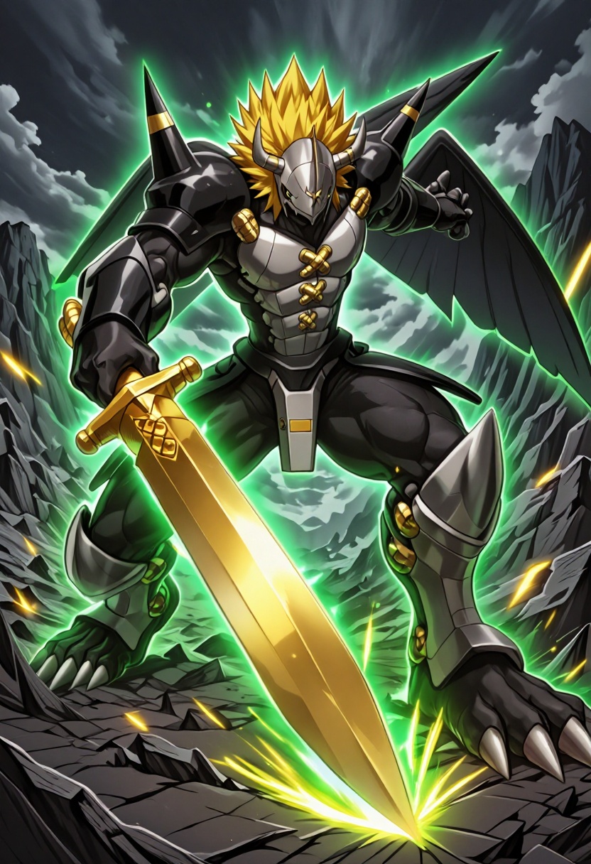 An imposing horned zzBlckWrgrymn knight with expansive black wings and spiky golden hair charges with unstoppable might in...