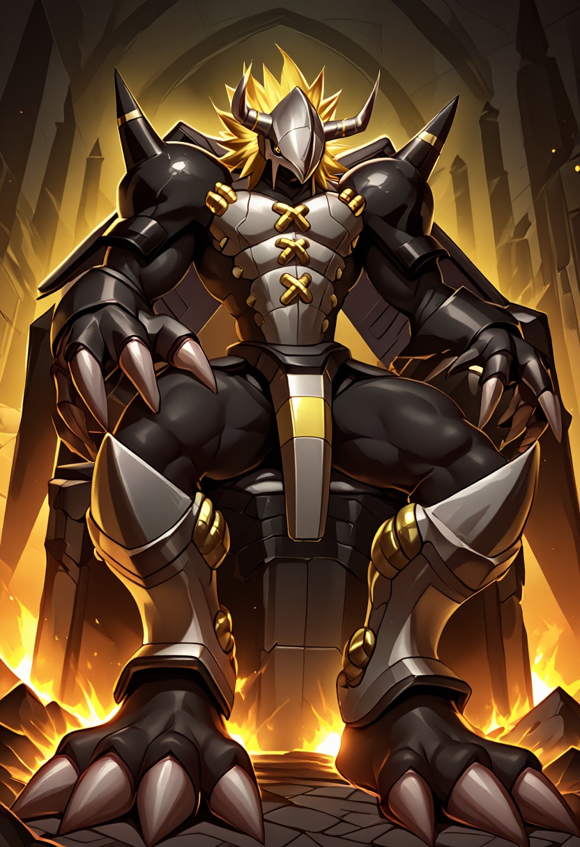 In the heart of a grand shadowed stone throne room with towering arched walls and glowing golden light rays piercing throu...