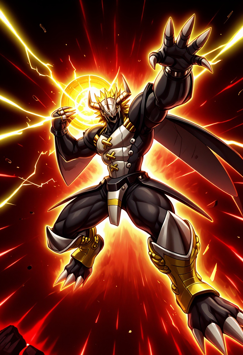 In a spectacular display of raw power,  a towering armored zzBlckWrgrymn beast with demonic horns and glowing fierce eyes...