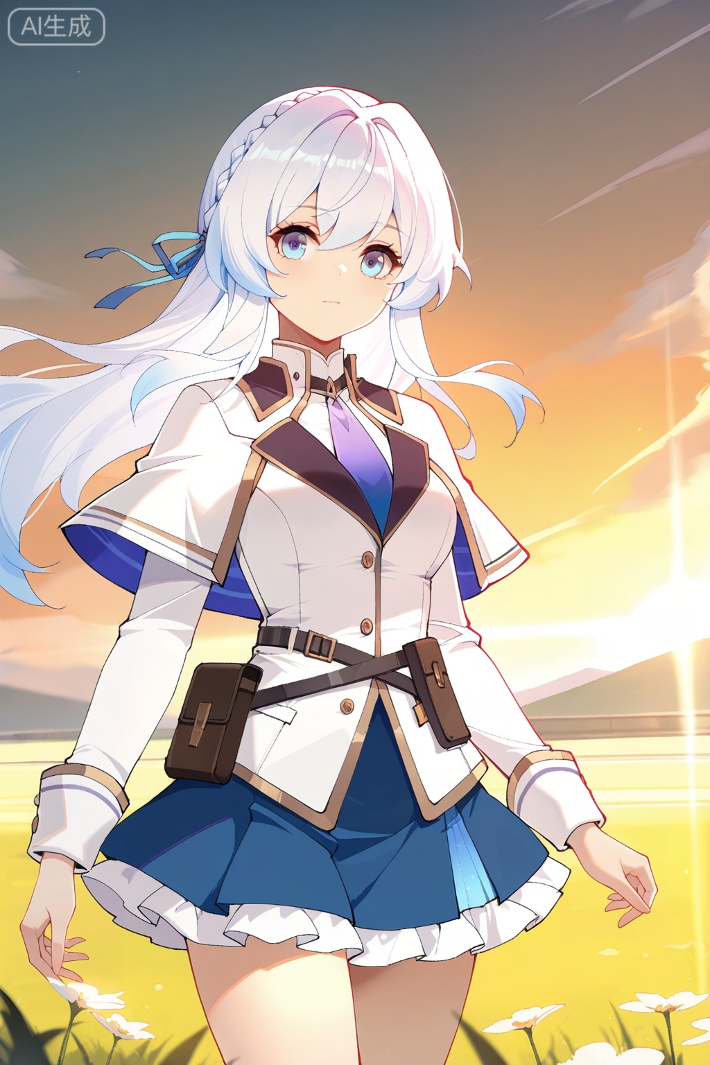 蓝梦琴,masterpiece,best quality,official art,extremely detailed CG unity 8k wallpaper,1girl, solo, long hair, breasts, looking at viewer, bangs, blue eyes, skirt, shirt, long sleeves, ribbon, hair between eyes, closed mouth, jacket, hair ribbon, white shirt, braid, white hair, pleated skirt, 
frill, necktie, collared shirt, belt, blue skirt, capelet, white jacket, frilled skirt, blue ribbon, fores pouch,  necktie, white capelet,