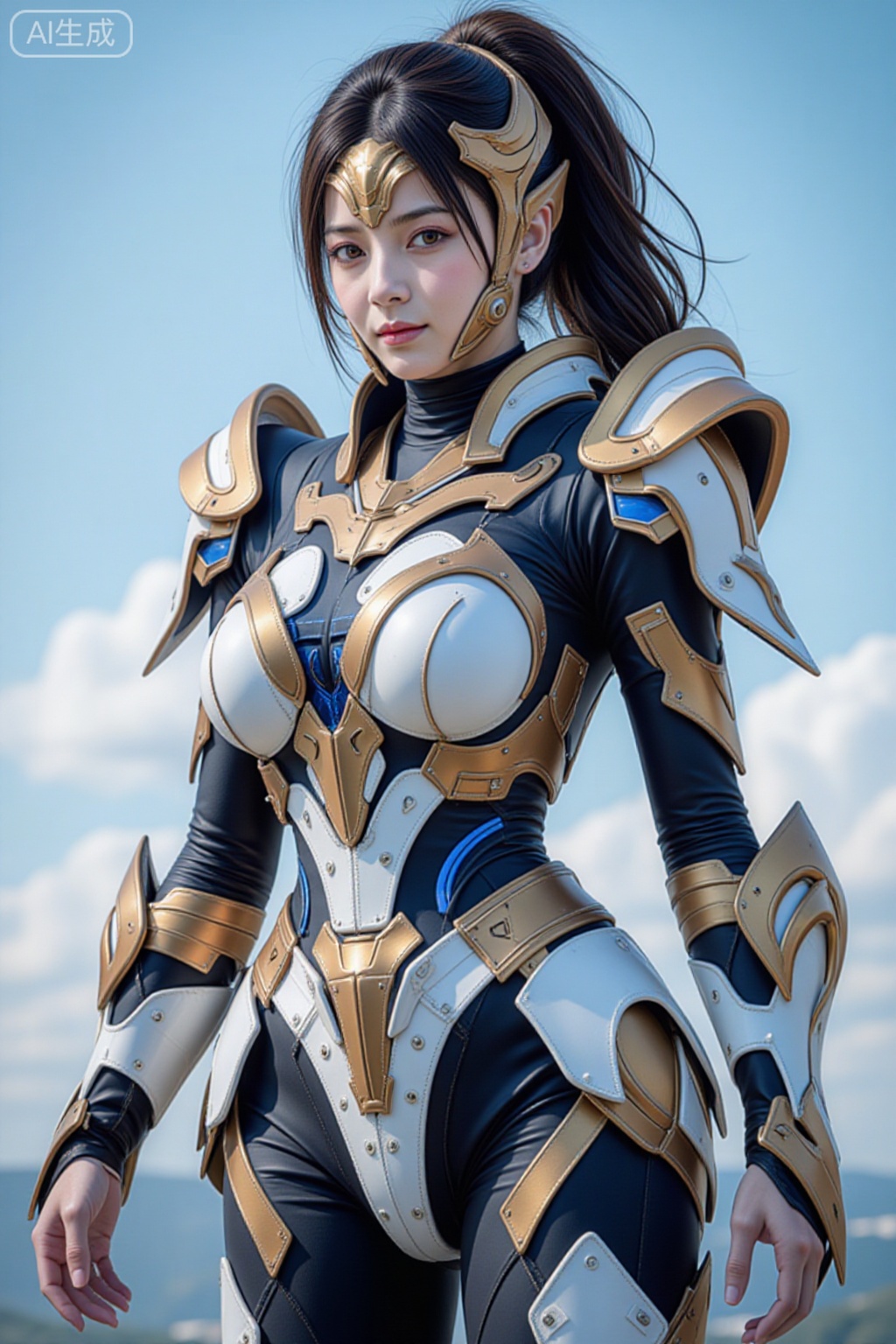 Photograph of an Asian young woman with long black hair in a high ponytail, wearing a futuristic, armored suit. The armor is predominantly white with gold and black accents, featuring intricate designs and glowing blue elements. Her suit emphasizes her large breasts and curvy physique. She has a focused expression, with light makeup highlighting her features. The background shows a clear blue sky with fluffy white clouds and distant mountains. The armor has a sleek, metallic texture, and the image is rendered in a hyper-realistic style, showcasing excellent attention to detail and lighting., armored suit