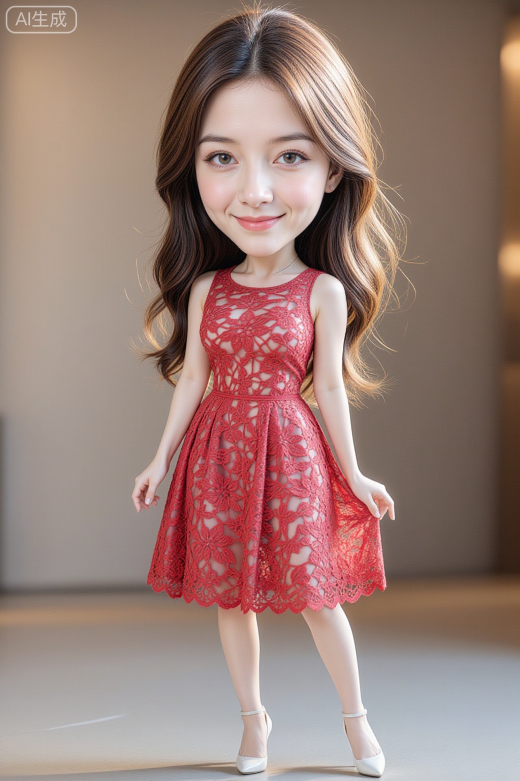 chibi, Photograph of a young woman with long, wavy brown hair, standing on outdoors. She has a fair complexion and a gentle smile. She is wearing a sleeveless, light red lace dress with intricate floral patterns and a lace hem that reaches mid-thigh. The dress has a modest neckline. She is also wearing white high-heeled shoes with ankle straps. Her arms are relaxed by her sides, and she stands with a slight tilt to her right. The lighting is soft, highlighting her delicate features and the texture of the lace dress. The overall style is elegant and whimsical., chibi young woman
