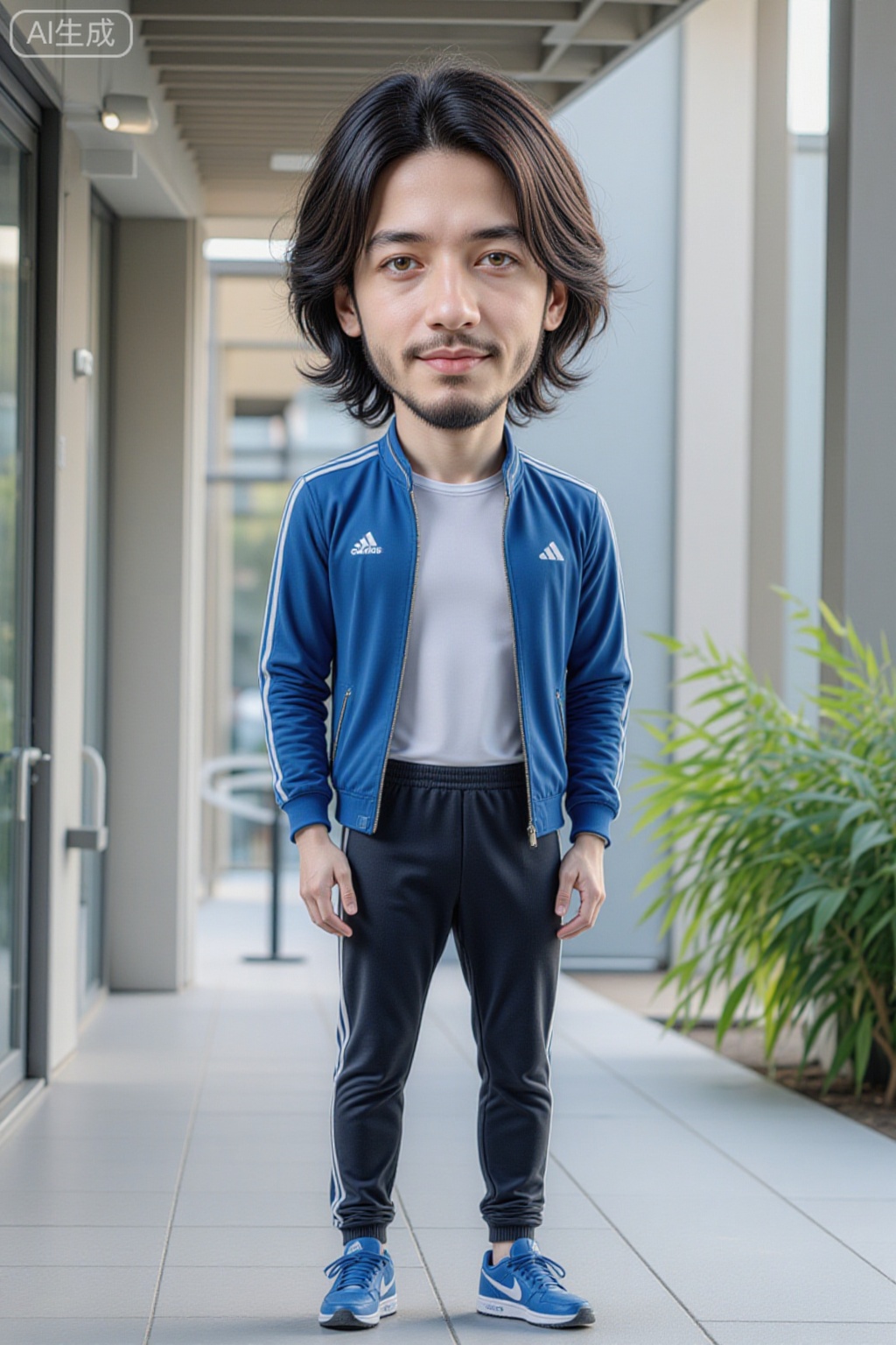 chibi, A photo shows a young man with shoulder-length black hair standing confidently in a modern-style corridor. He has a beard, a slender build, and wears a blue sports jacket over a white shirt, dark sweatpants, and blue sneakers. The bright, even lighting highlights his smooth skin. The background is outdoors, with a green plant on the right. The photo is sharp and clear, focusing on the subject. The overall style is professional and sophisticated, emphasizing the man's calm yet approachable demeanor. 