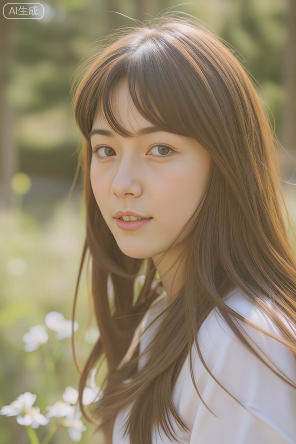 Photograph of an Asian woman with fair skin and long, straight brown hair with bangs, standing in a sunlit forest. She gazes softly at the camera with a gentle expression, her lips slightly parted. She wears a loose, white, long-sleeved top. Sunlight filters through the trees, casting a warm glow on her face and hair. In the background, blurred green foliage and white daisies are visible. The image has a soft, dreamy quality with a shallow depth of field, emphasizing the woman's delicate features and the natural beauty around her. The overall mood is serene and ethereal., sunlight cast a warm golden glow, soft focus and gentle lighting further enhanced the dreamlike atmosphere, vintage-style, effect of nostalgia