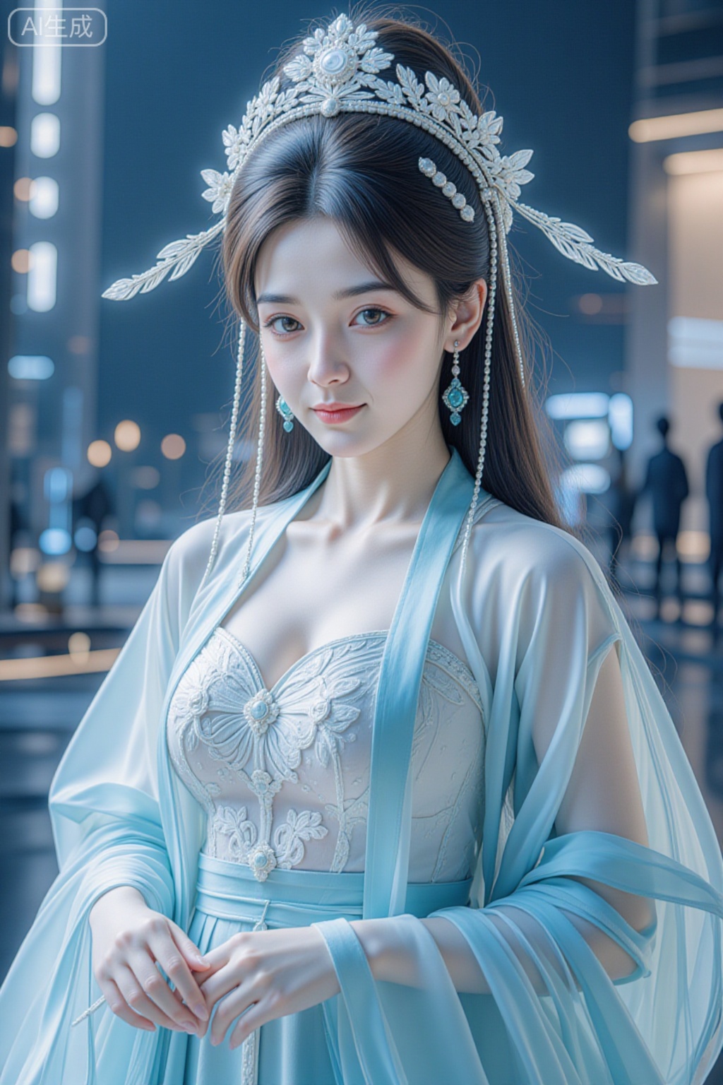 This is a highly detailed, realistic digital artwork depicting a young East Asian woman with fair skin and long, dark hair adorned with a floral headpiece and dangling beads. She has delicate, almond-shaped eyes and a soft, serene expression. She wears a light blue, sheer, traditional Chinese hanfu with intricate floral embroidery on the bodice and a matching sash. Her long sleeves are slightly translucent, and she has turquoise earrings. The overall style is hyper-realistic with a soft, almost dreamy quality, sheer traditional Chinese hanfu, The background is a futuristic, dimly lit urban environment with blurred, glowing neon lights and silhouetted figures. The overall style is reminiscent of a sci-fi fantasy theme, with a strong emphasis on glowing, icy aesthetics.,