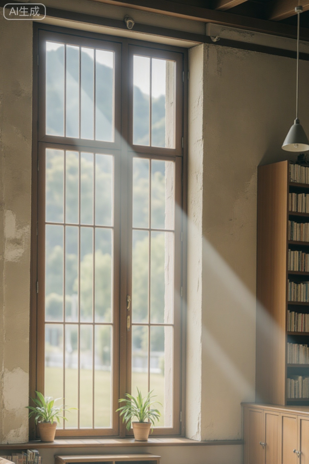 Photograph of a sunlit, rustic room featuring a large, wooden-framed window with multiple panes, allowing soft, sunlight beams to stream in. The window overlooks a blurry, green landscape. To the right, there is a wooden bookshelf filled with books, and above it, a hanging industrial-style lamp. The walls are aged and textured, showing signs of wear with peeling paint. A small potted plant sits on the window sill. The light creates a warm, inviting atmosphere. The overall style is vintage and cozy, with a mix of natural and industrial elements., effect of nostalgia, vintage-style, sunlight to stream through