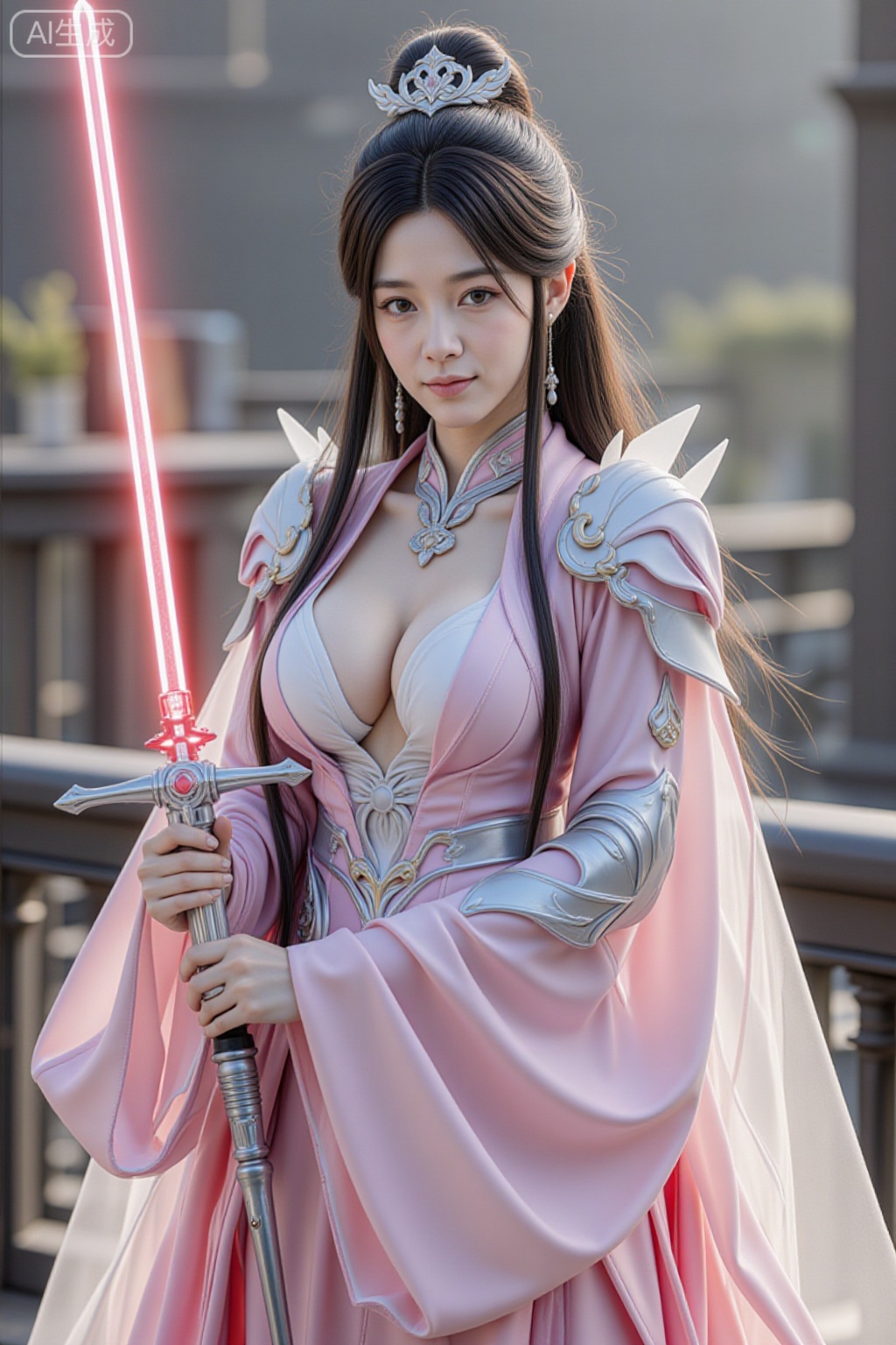 This is a highly detailed, digital CGI image of an Asian woman in a fantasy setting, dressed as a warrior in a pink and silver armor-like outfit. She has long, straight black hair, styled in a high bun with a decorative silver tiara. Her outfit features a deep V-neck that accentuates her large breasts, and she wears silver shoulder plates and a matching cape. She holds a glowing red lightsaber in her right hand. Her skin is fair, and she has a serene expression with soft makeup. The background shows a blurred, outdoor setting with stone railings and soft, warm lighting. The image has a realistic yet slightly stylized fantasy art aesthetic., pink and silver armor-like outfit