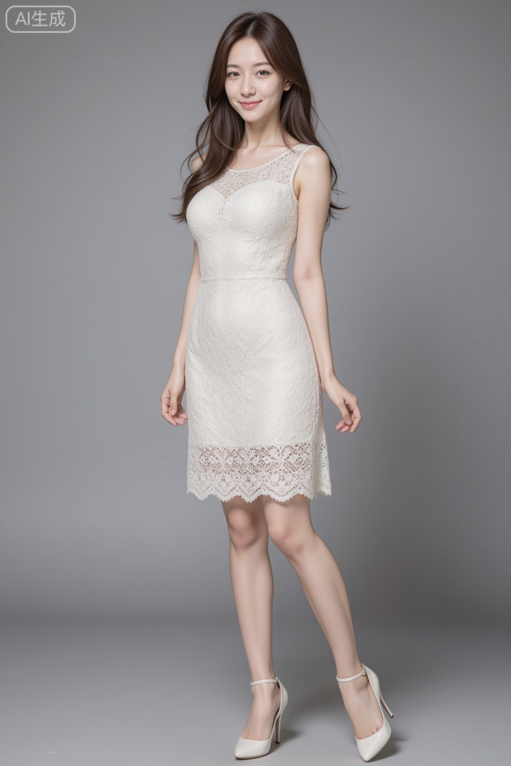 Photograph of a young woman with long, wavy brown hair, standing against a plain gray background. She has a fair complexion and a gentle smile. She is wearing a sleeveless, white lace dress with intricate floral patterns and a lace hem that reaches mid-thigh. The dress has a modest neckline. She is also wearing white high-heeled shoes with ankle straps. Her arms are relaxed by her sides, and she stands with a slight tilt to her right. The lighting is soft, highlighting her delicate features and the texture of the lace dress. The overall style is elegant and whimsical., chibi, chibi young woman