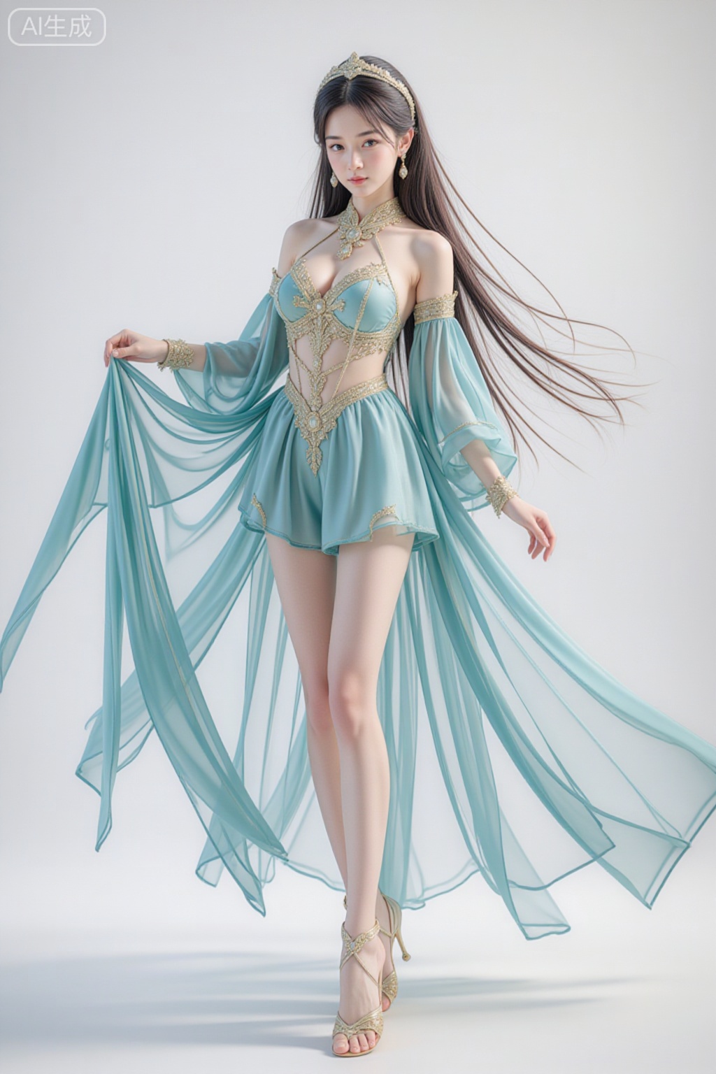 A young Asian woman, centered in a full-body shot against a white background, is depicted in a stylized digital art rendering. She appears to be in her late teens or early twenties, with long, flowing black hair adorned with a jeweled headpiece. Her facial features are soft and idealized, with a neutral expression. She wears a teal and gold fantasy dress with off-the-shoulder sleeves and a layered skirt. The dress features intricate gold embellishments on the bodice. Accessories include matching bracelets and delicate sandals. She is holding her dress out on the left with one hand, adding movement to the composition. The pose is elegant and graceful. The lighting is soft and diffused, highlighting the texture of the clothing and creating a bright, clean atmosphere. The overall style is reminiscent of anime or digital fantasy art, with a focus on idealized beauty and flowing lines. long legs, large breasts, extremely slim waist