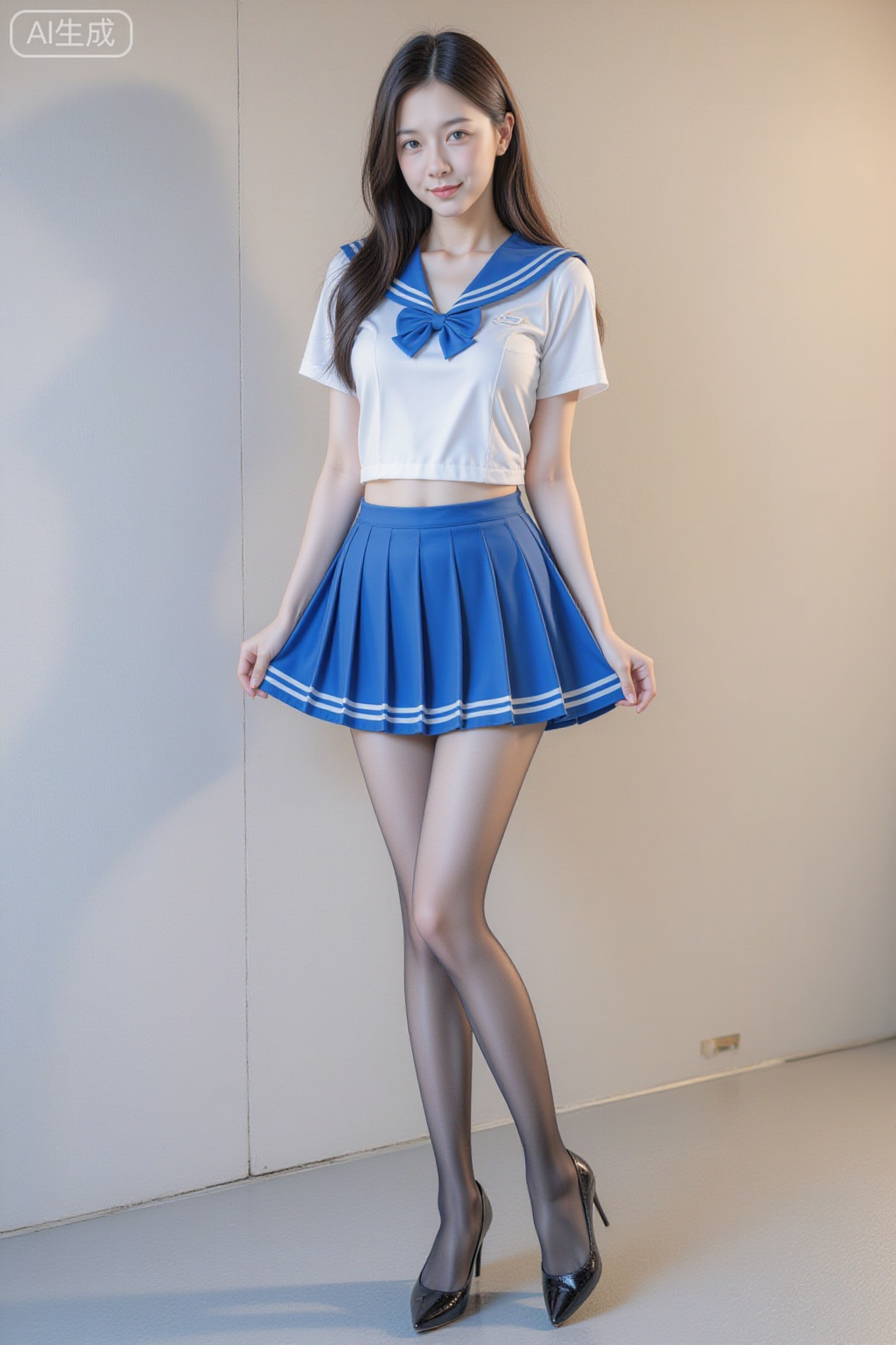 This is a photograph of an Asian woman standing against a plain, beige wall. She has long, dark brown hair and a fair skin tone. She is wearing a Japanese schoolgirl outfit consisting of a white, short-sleeved sailor top with a blue collar and bow, and a blue, pleated mini-skirt with white trim. She also wears sheer black pantyhose and black high-heeled shoes. Her arms are relaxed by her sides, and she is smiling slightly. The floor is a smooth, light gray surface. The overall lighting is soft, highlighting her outfit and creating subtle shadows on the wall and floor. long legs, pleated ultra mini-skirt
