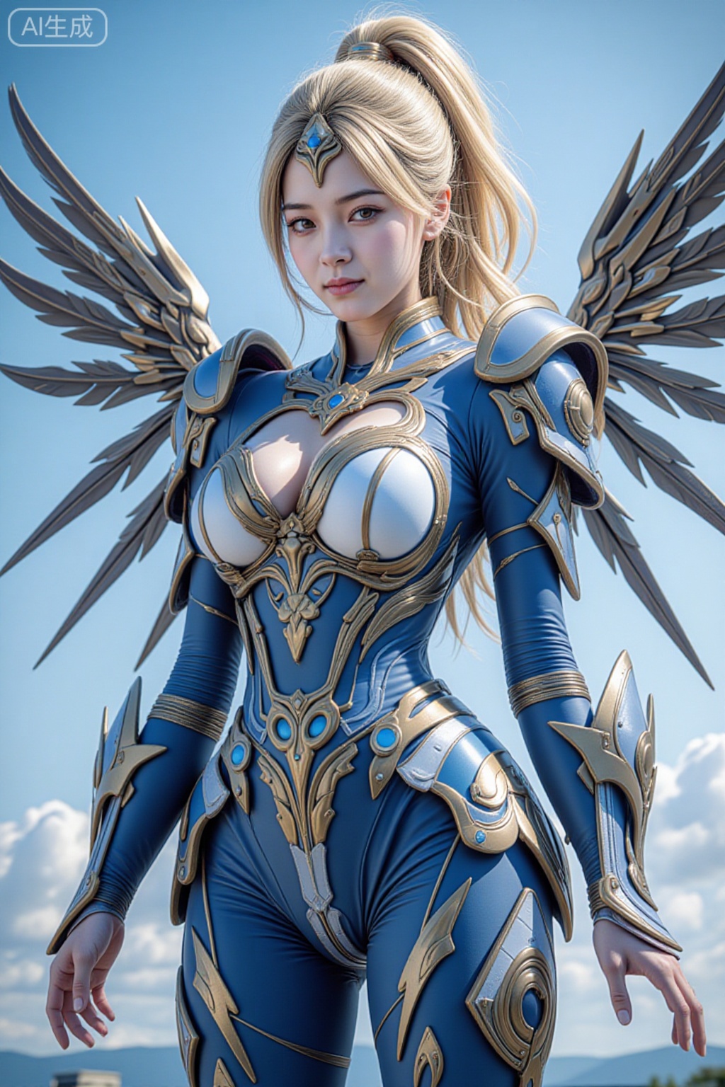 This is a photograph of an attractive Asian woman in futuristic, armored attire. She has long blonde hair in a high ponytail, with a gold headpiece featuring a central gem. Her armor is predominantly light blue with silver and gold accents, emphasizing her curvy, athletic physique and large breasts, extremely slim waist. The armor includes shoulder pads, a chest plate with intricate gold designs, and a high-tech belt with blue highlights, large glowing wings. She stands confidently against a clear blue sky with a few clouds, and distant mountains are visible in the background. The image has a realistic, hyper-detailed style, emphasizing textures and metallic sheen., elaborate form-fitting armored suit 