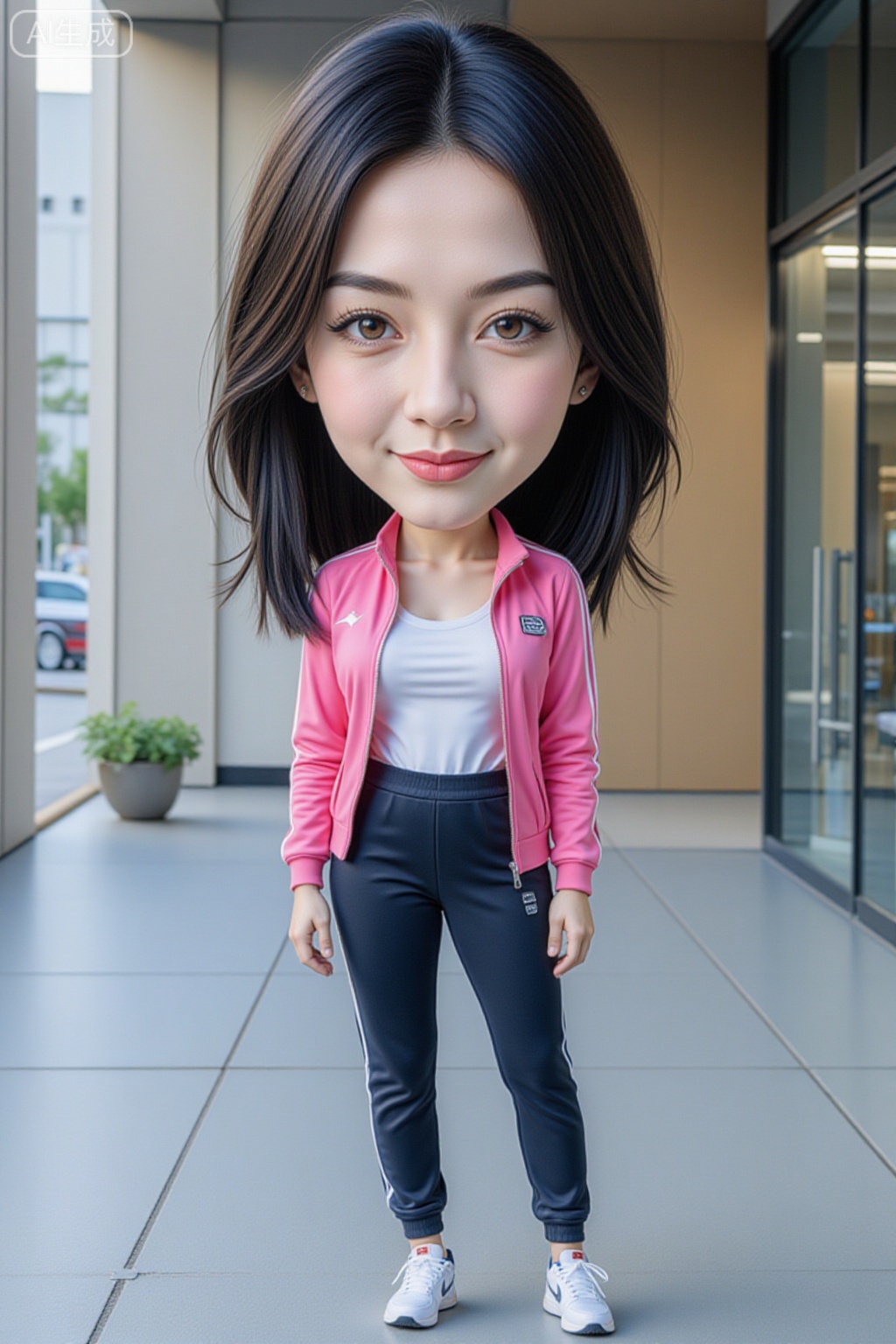 chibi, A photo shows a young woman with shoulder-length black hair standing confidently in a modern-style corridor. Her has a slender build, and wears a pink sports jacket over a white shirt, dark sweatpants, and white sneakers. The bright, even lighting highlights his smooth skin. The background is outdoors,