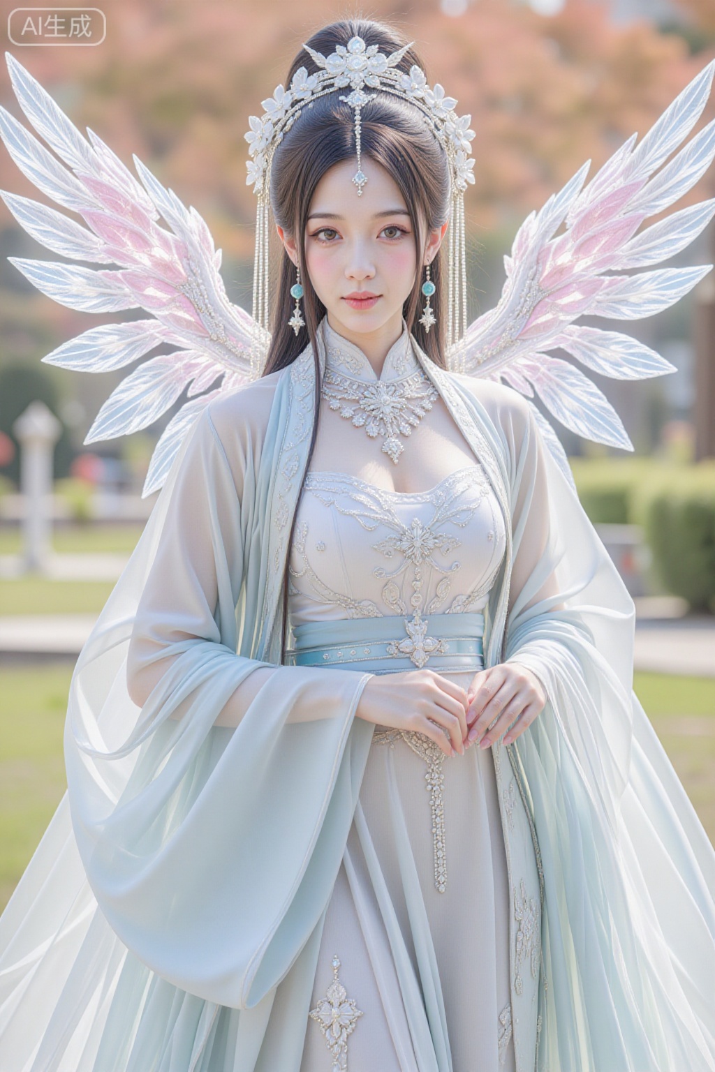 This is a highly detailed, realistic digital artwork depicting a young East Asian woman with fair skin and long, dark hair adorned with a floral headpiece and dangling beads. She has delicate, almond-shaped eyes and a soft, serene expression. She wears a light blue, sheer, traditional Korean hanbok with intricate floral embroidery on the bodice and a matching sash. Her long sleeves are slightly translucent, and she has turquoise earrings. The background is a blurred, sunlit garden with greenery and autumn-colored trees, creating a peaceful, ethereal atmosphere. The overall style is hyper-realistic with a soft, almost dreamy quality., sheer traditional Chinese hanfu, shimmering fitted long dress, sparkling starlight necklace and earrings, large glowing crystal wings with a pink and blue hue, elaborate form-fitting armored suit