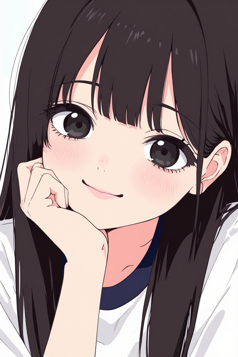 The image depicts a close-up of a young girl with long,  dark hair and large,  expressive eyes. She is wearing a white shi...
