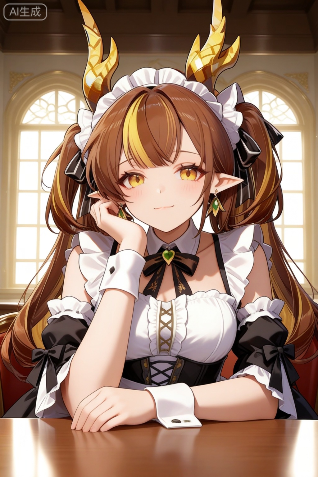 masterpiece, best quality, masterpiece,best quality,official art,extremely detailed CG unity 8k wallpaper,1girl,solo,long hair,breasts,looking at viewer,bangs,brown hair,dress,ribbon,twintails,jewelry,closed mouth,yellow eyes,multicolored hair,earrings,frills,detached sleeves,pointy ears,indoors,streaked hair,wrist cuffs,maid,maid headdress,window,dragon horns,