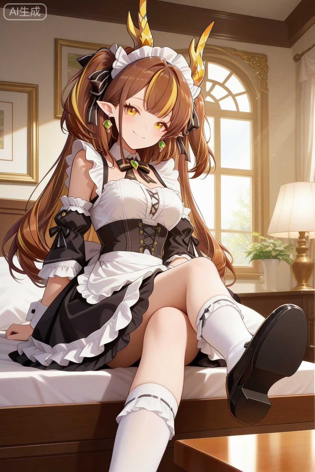 masterpiece, best quality, masterpiece,best quality,official art,extremely detailed CG unity 8k wallpaper,1girl,solo,long hair,breasts,looking at viewer,bangs,brown hair,dress,ribbon,twintails,jewelry,closed mouth,yellow eyes,multicolored hair,earrings,frills,bow,detached sleeves,pointy ears,indoors,streaked hair,wrist cuffs,maid,maid headdress,window,dragon horns,smile,white socks,mary janes,apron,black footwear,