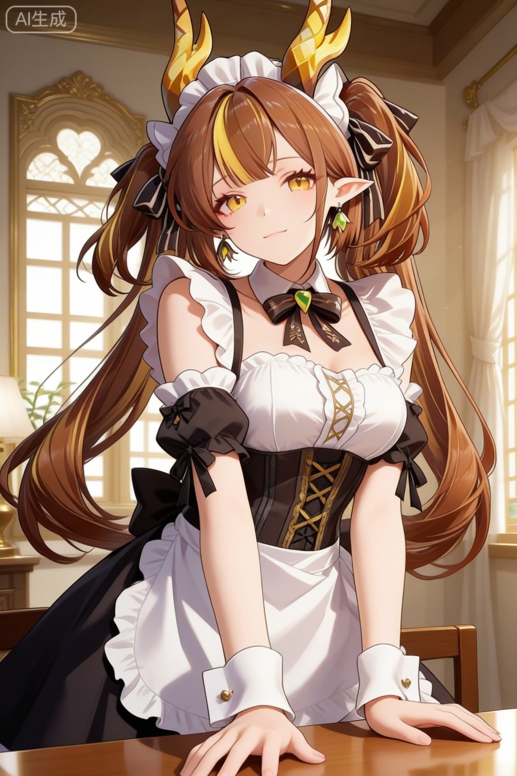 masterpiece, best quality, masterpiece,best quality,official art,extremely detailed CG unity 8k wallpaper,1girl,solo,long hair,breasts,looking at viewer,bangs,brown hair,dress,ribbon,twintails,jewelry,closed mouth,yellow eyes,multicolored hair,earrings,frills,detached sleeves,pointy ears,indoors,streaked hair,wrist cuffs,maid,maid headdress,window,dragon horns,