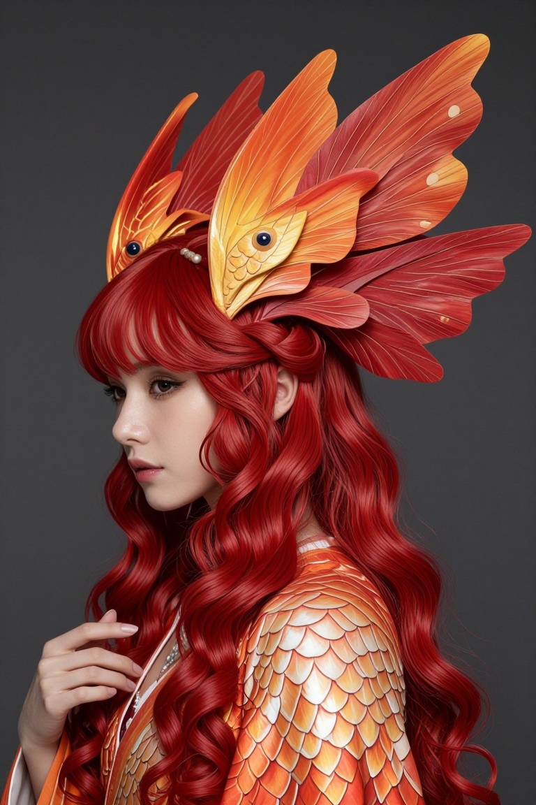 The image depicts a person with striking red hair styled in an elaborate fashion. The hair is adorned with large,  intrica...
