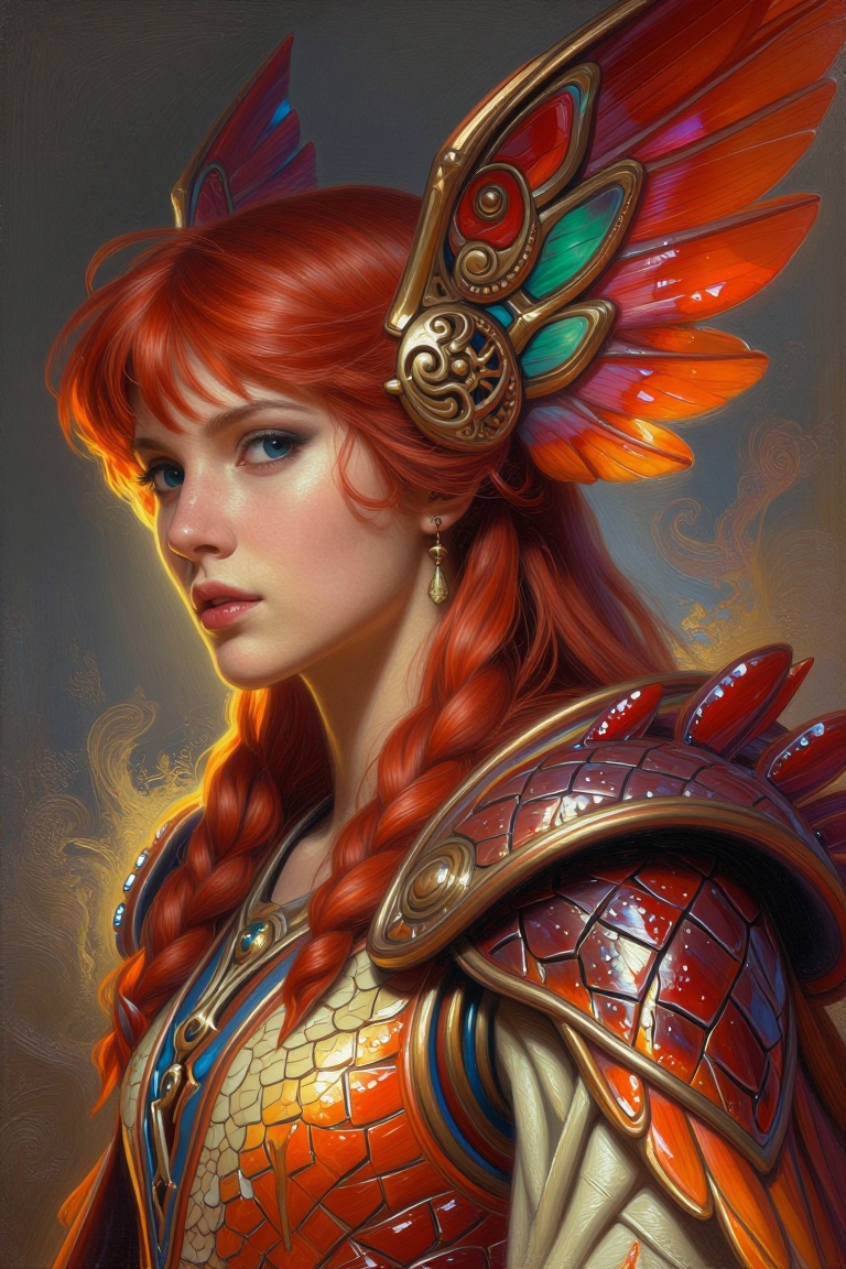 The image depicts a person with striking red hair styled in an elaborate fashion. The hair is adorned with large,  intrica...