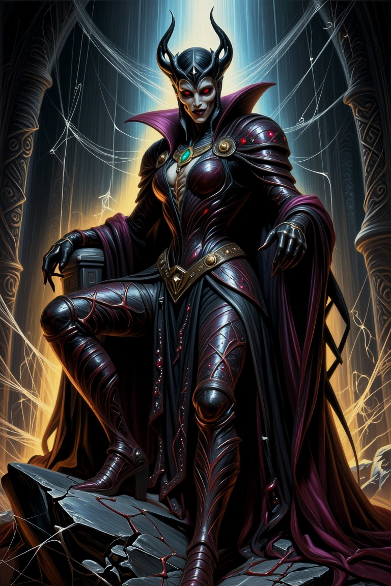A menacing queen with sharp,  cruel features,  clad in dark gothic plate armor adorned with twisted thorny vines and shatt...