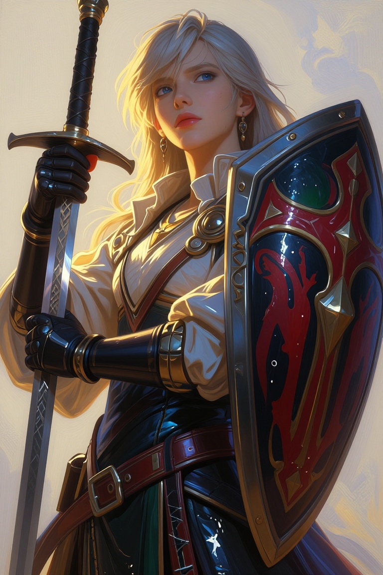 The image depicts a stylized,  anime-inspired character with long,  light-colored hair and striking blue eyes. The charact...