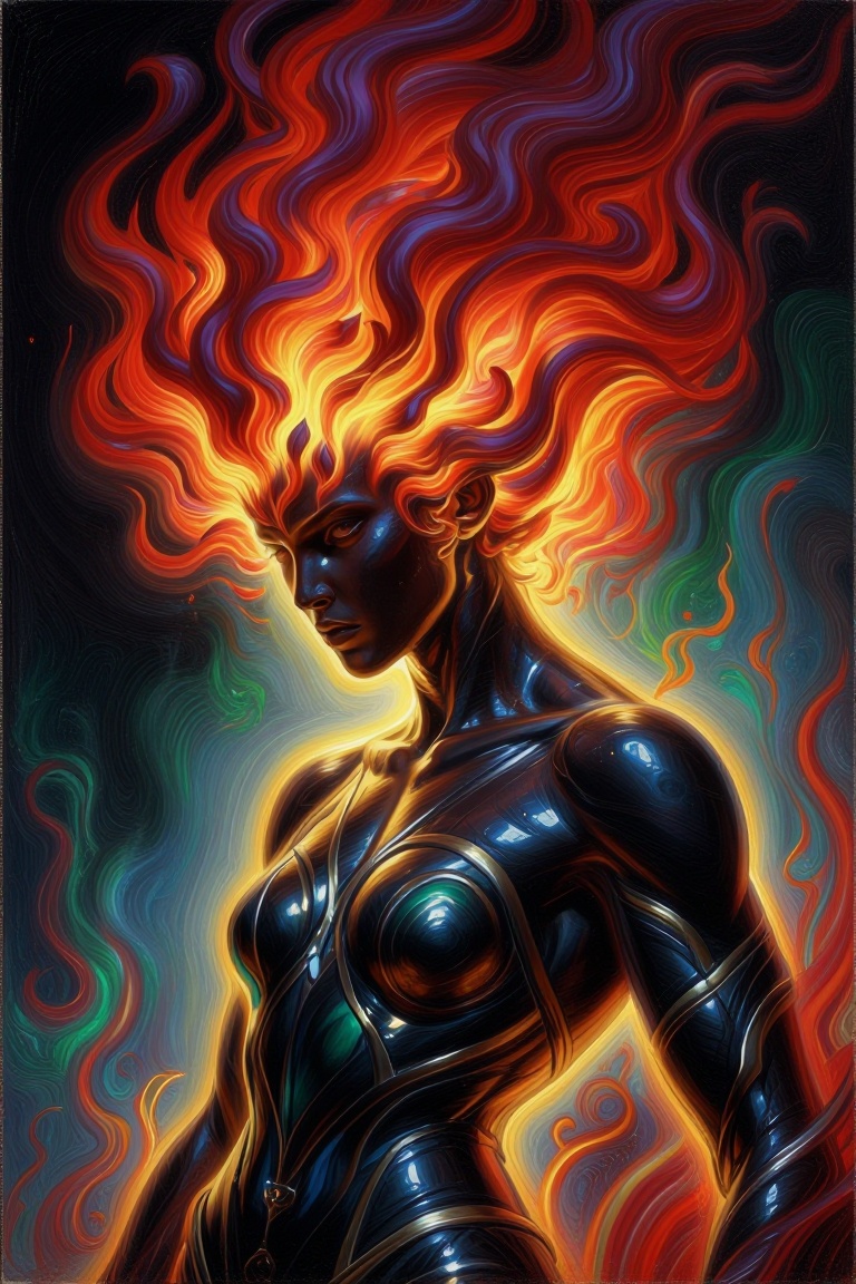 The image depicts a striking figure with a vibrant,  fiery hairstyle that appears to be engulfed in flames. The individual...