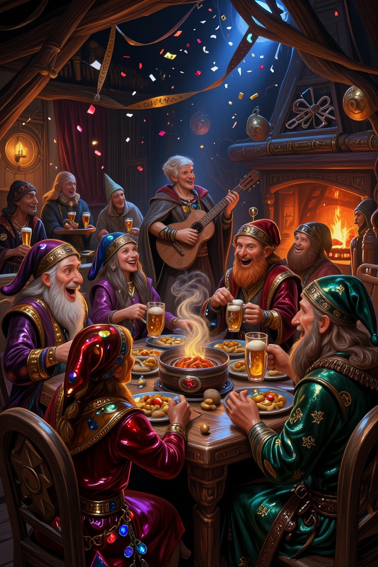 A vibrant and joyous New Year's Eve party in a cozy,  fantastical tavern reminiscent of a Dungeons and Dragons campaign se...