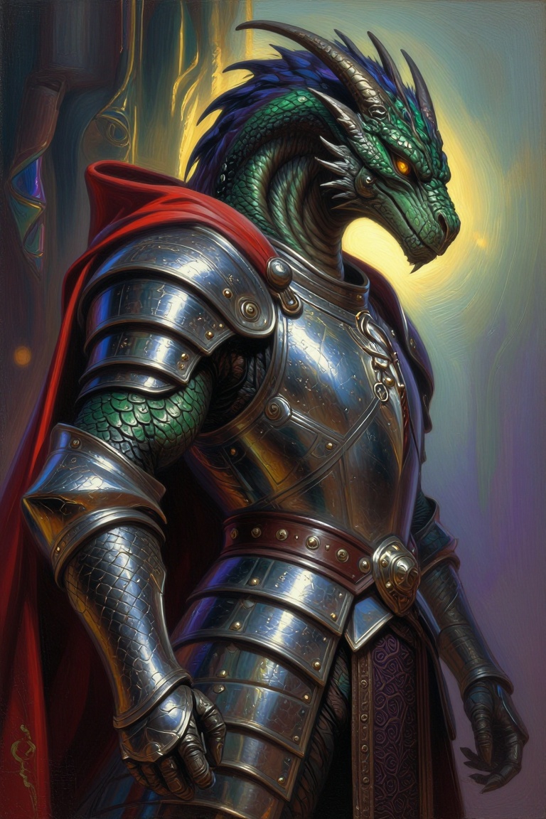 The image depicts a green dragon-like creature wearing intricate silver armor. The armor is detailed with rivets and strap...